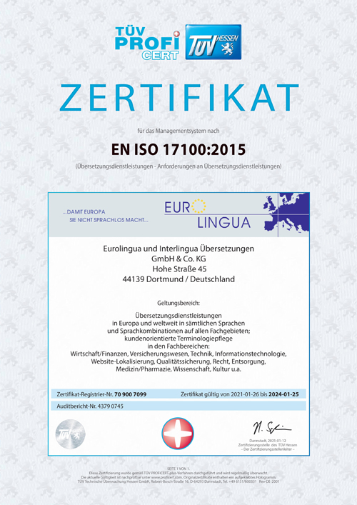 MPU-Zertifikat DIN EN 17100:2015